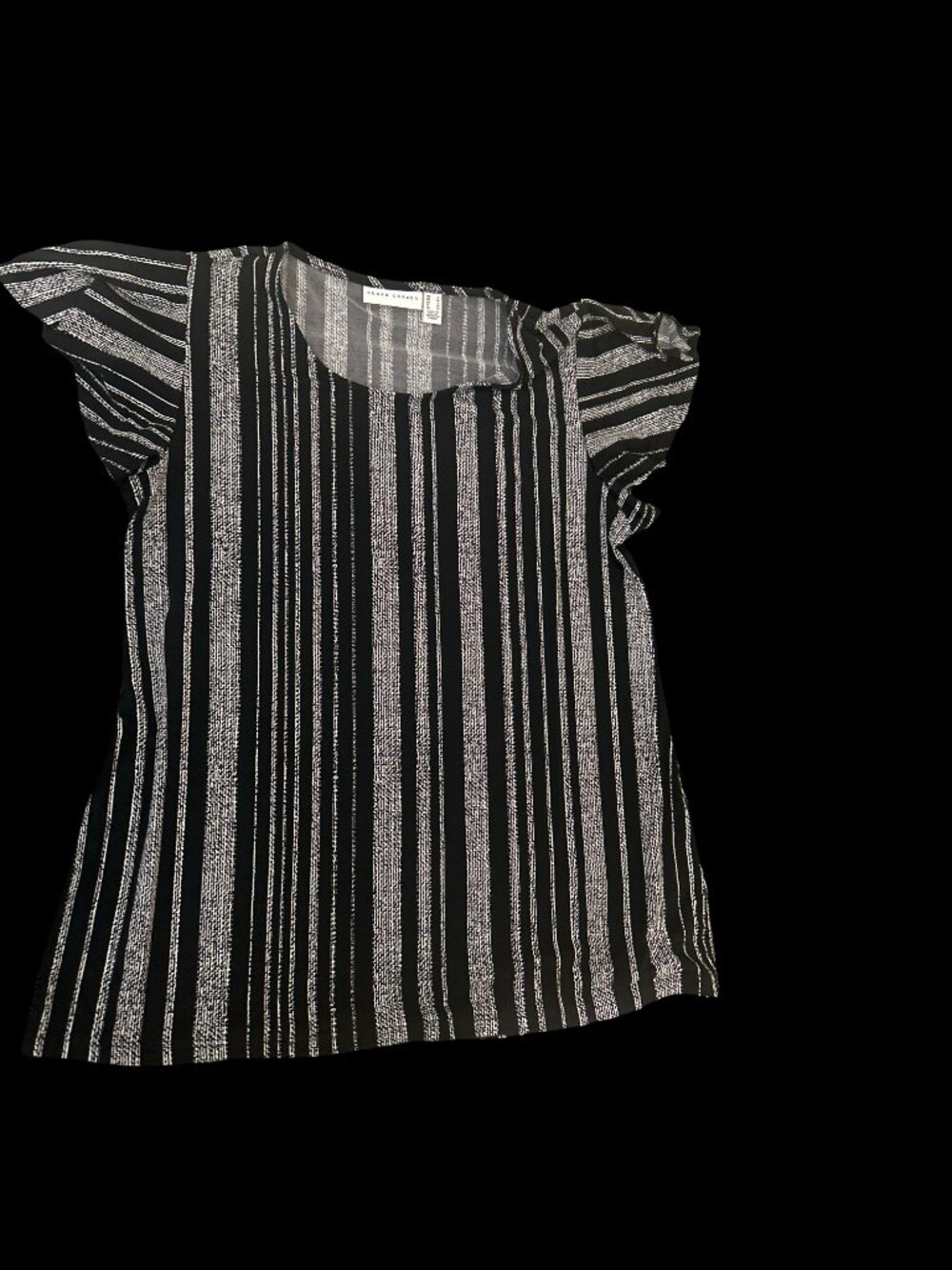 Susan Graver Black White Textured Stripe Flutter Sleeve Blouse Womens Small NWT
